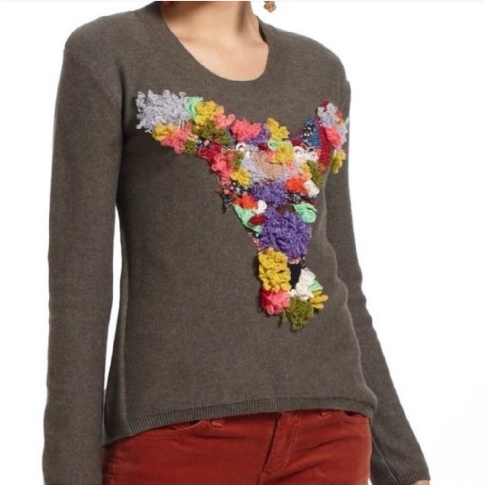 Anthropologie Charlie & Robin Dimensional Deer Embroidered Sweater Pullover
